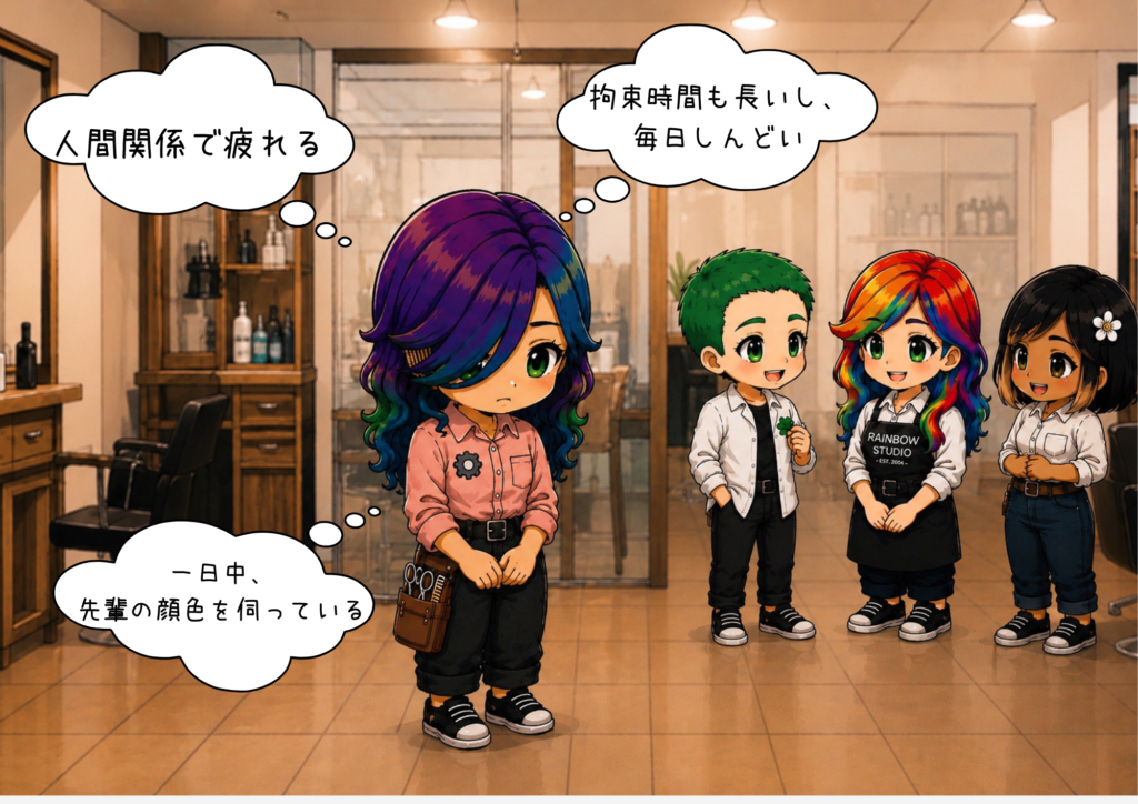 アシスタント美容師が職場の人間関係や毎日の忙しさに疲れて悩んでいる様子を描いた美容室のイラスト