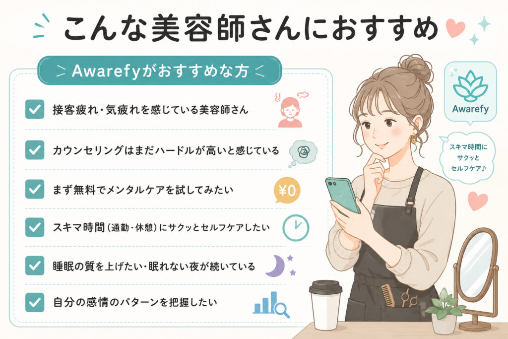 Awarefyアプリがおすすめな美容師一覧イラスト画像