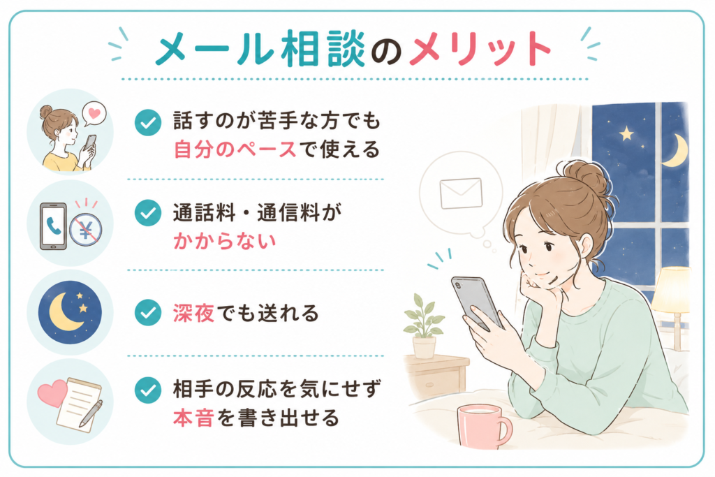 メール相談のメリット一覧イラスト画像