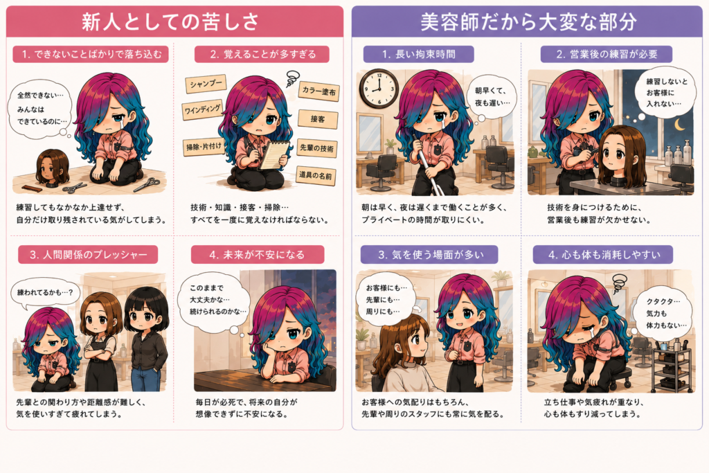 美容師を辞めてから気づくことを、新人アシスタント時代の苦しさと美容師ならではの大変さに分けて解説したイラスト