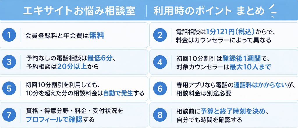 エキサイトお悩み相談室の料金や初回割引、相談時間、アプリ通話、カウンセラー選びなど利用時の8つのポイント。